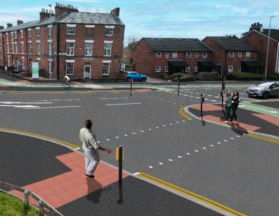 A 3D visualisation of what the scheme will look like at Froghall Lane junction, with toucan signalised crossings, wide footpaths, and two-way segregated cycleway linking to Bewsey Street.