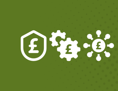 A green graphic that shows three white budget related icons, including a pound coin in a shield, two cogs with a pound coin, and a pound coin surrounded by lightbulbs denoting "ideas"