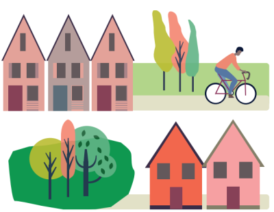 Graphic featuring trees, houses and a person cycling.