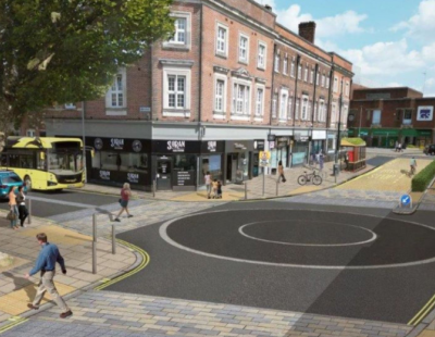 Artist's impression of a remodelled Sankey Street, featuring a new junction on Leigh Street with new crossing points and a new pedestrianised area.